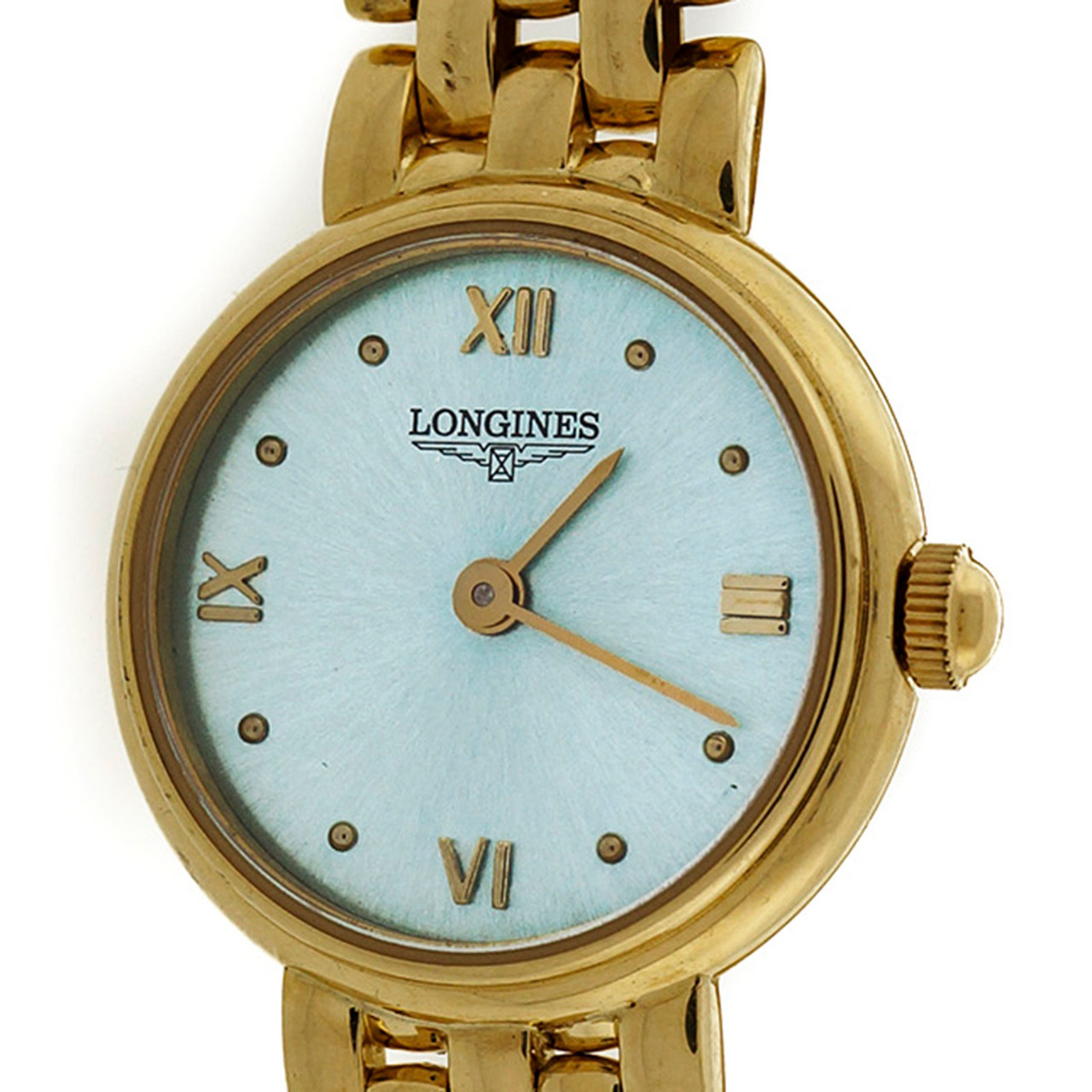 Longines Solid Yellow Gold Watch Mesh Band Professionally Redone Ice Blue  Dial